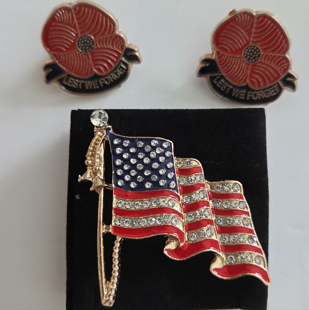 Veteran USA Brooch Crystal Rhinestones Waving Flag + 2 Remembrance/Memorial Pins